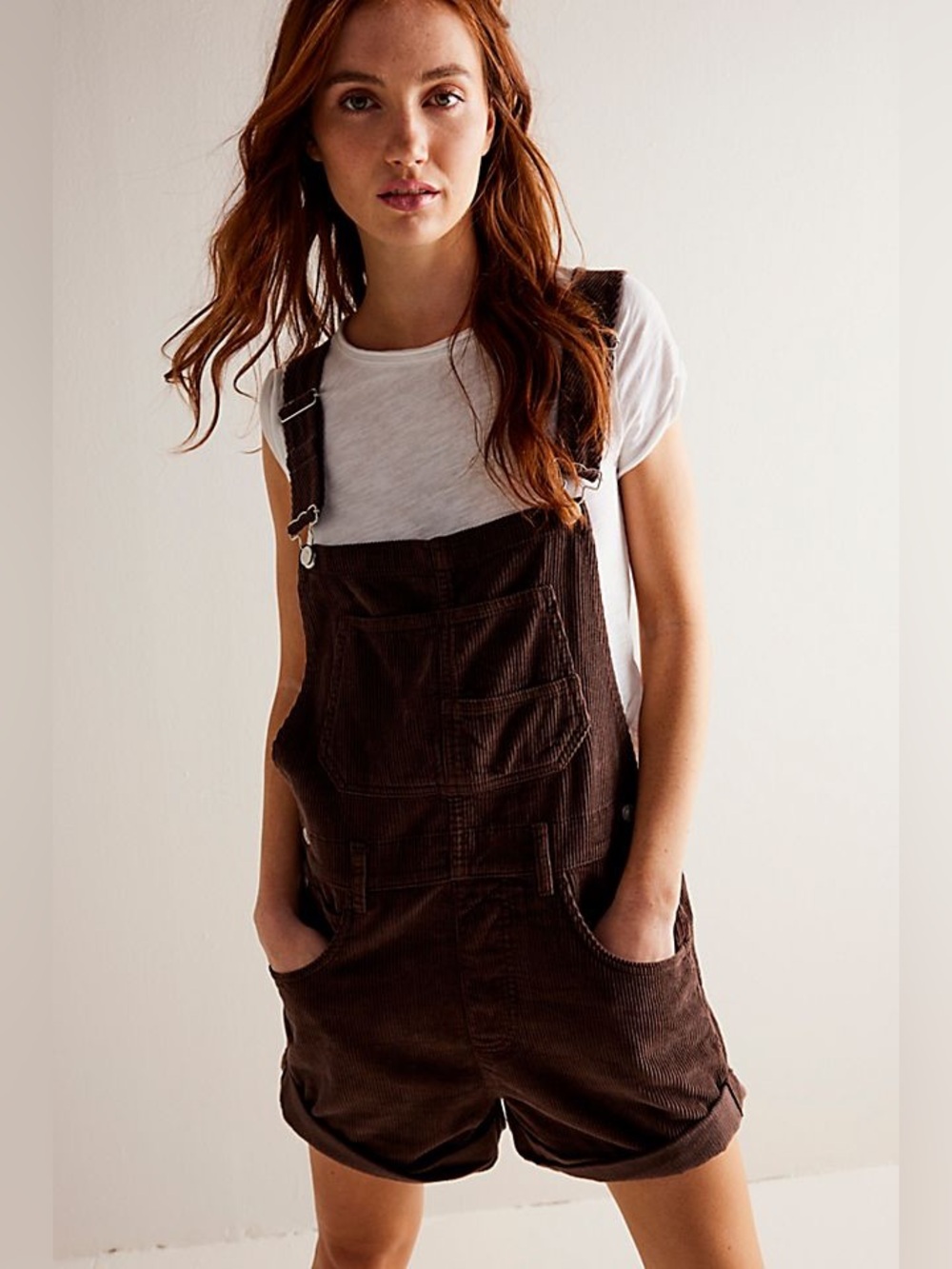 We The Free (Free People) Ziggy Cord  Corduroy Short Overalls in Barnwood Brown